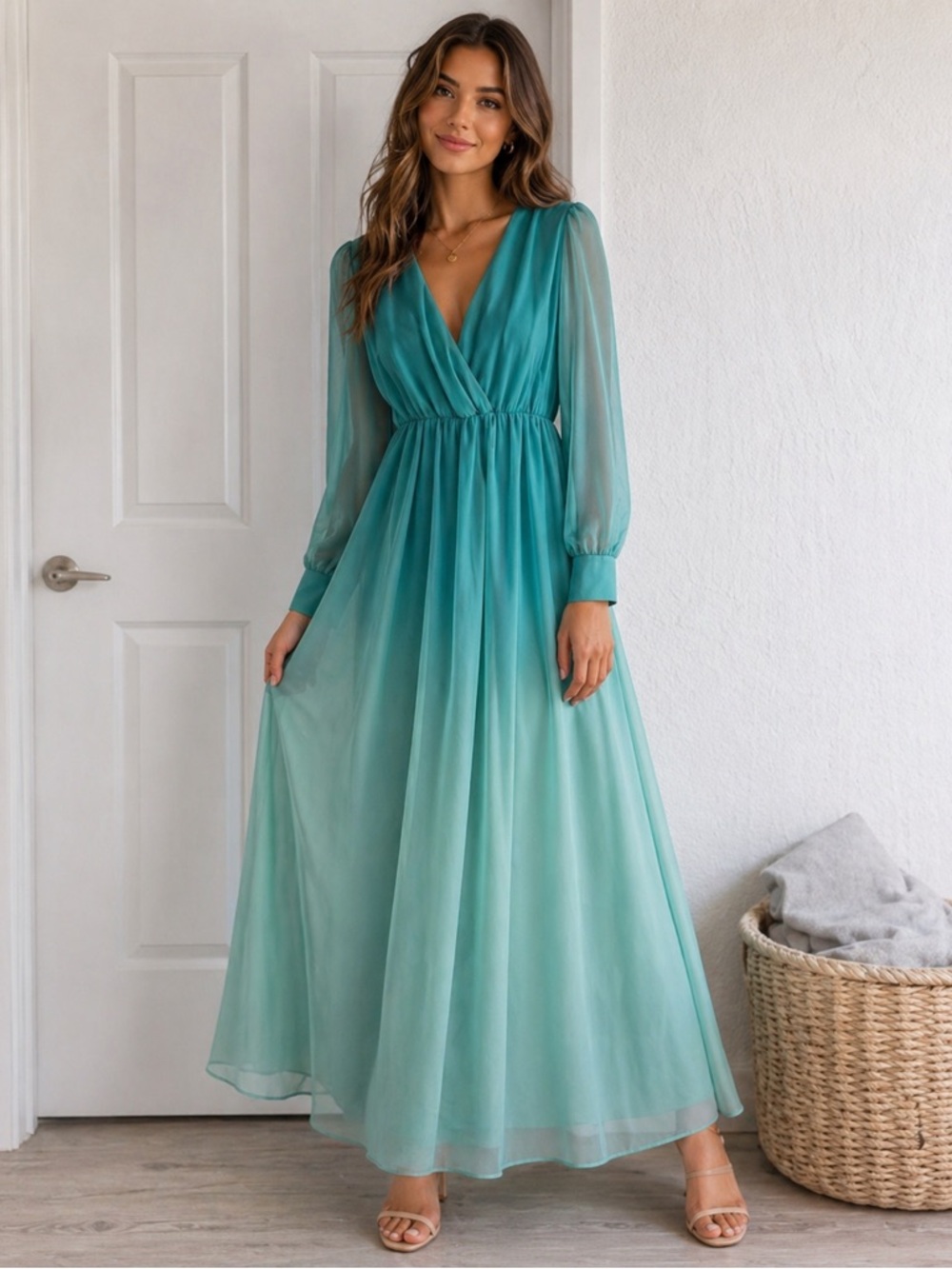 NWT Fashion Nova Teal to Mint Ombre Long Sleeve Maxi Dress